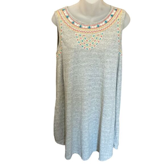 Ya Los Angeles Midi Dress Round Neck Sleeveless Grey Geo Embroidery Large - Picture 1 of 9